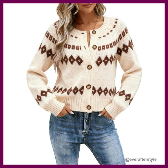 Sweaters - Fair Isle Cropped Cardigan Chunky Knit Y2K Retro Chic Fall Winter Sweater